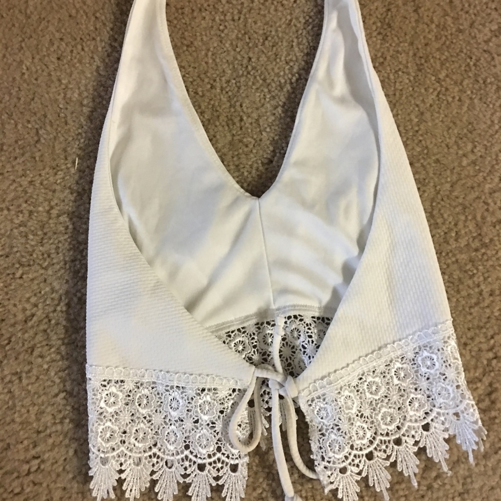 A 3 Design white halter crop top Lace Ties sz Med